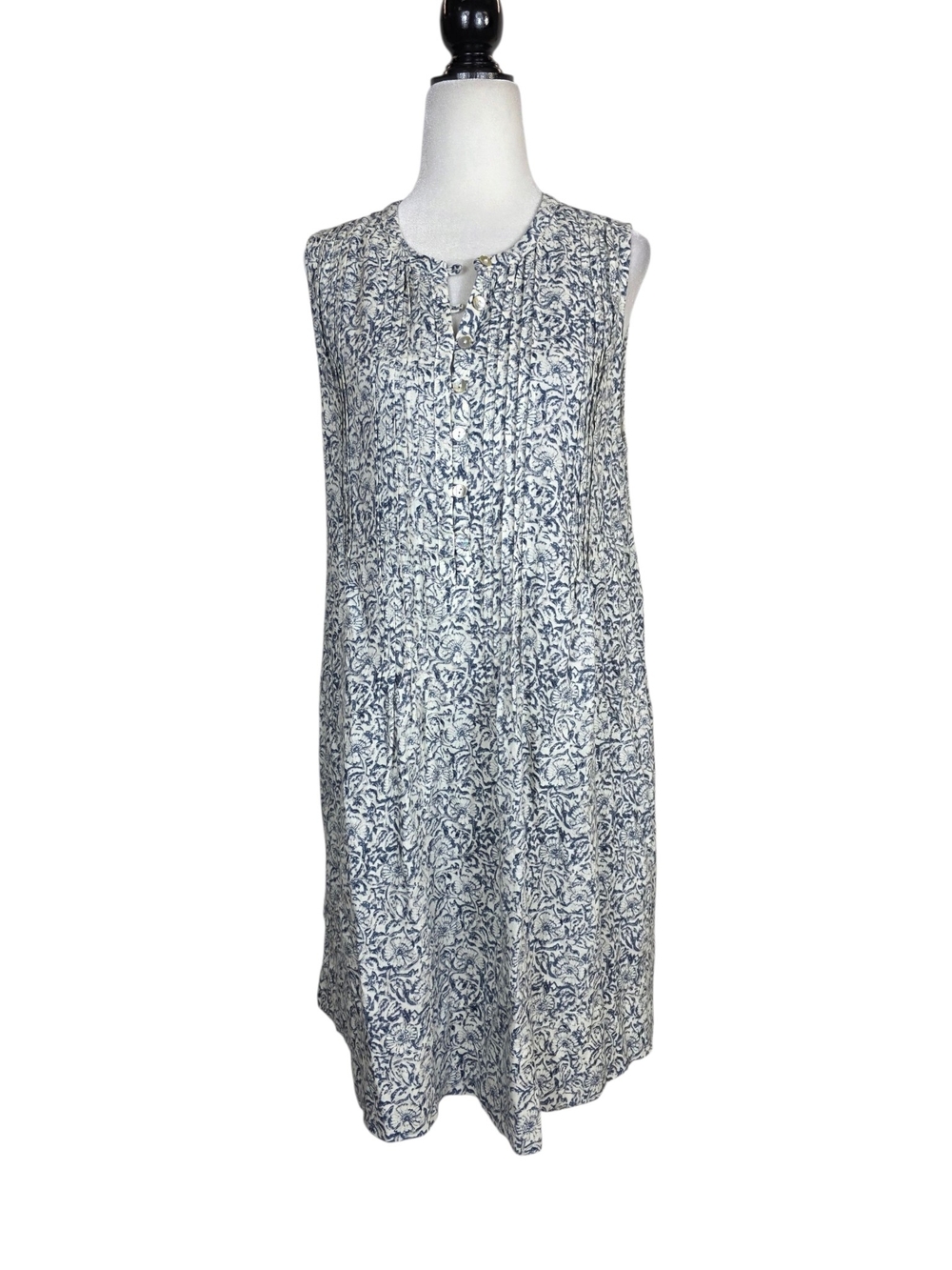 Faherty Linen Classic Abstract print Blue and White Sleeveless Mini Dress